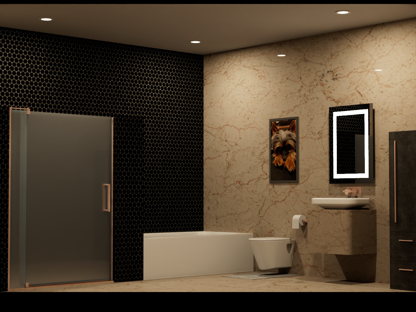 Luxurious bathroom with marble tiling and black accent wall