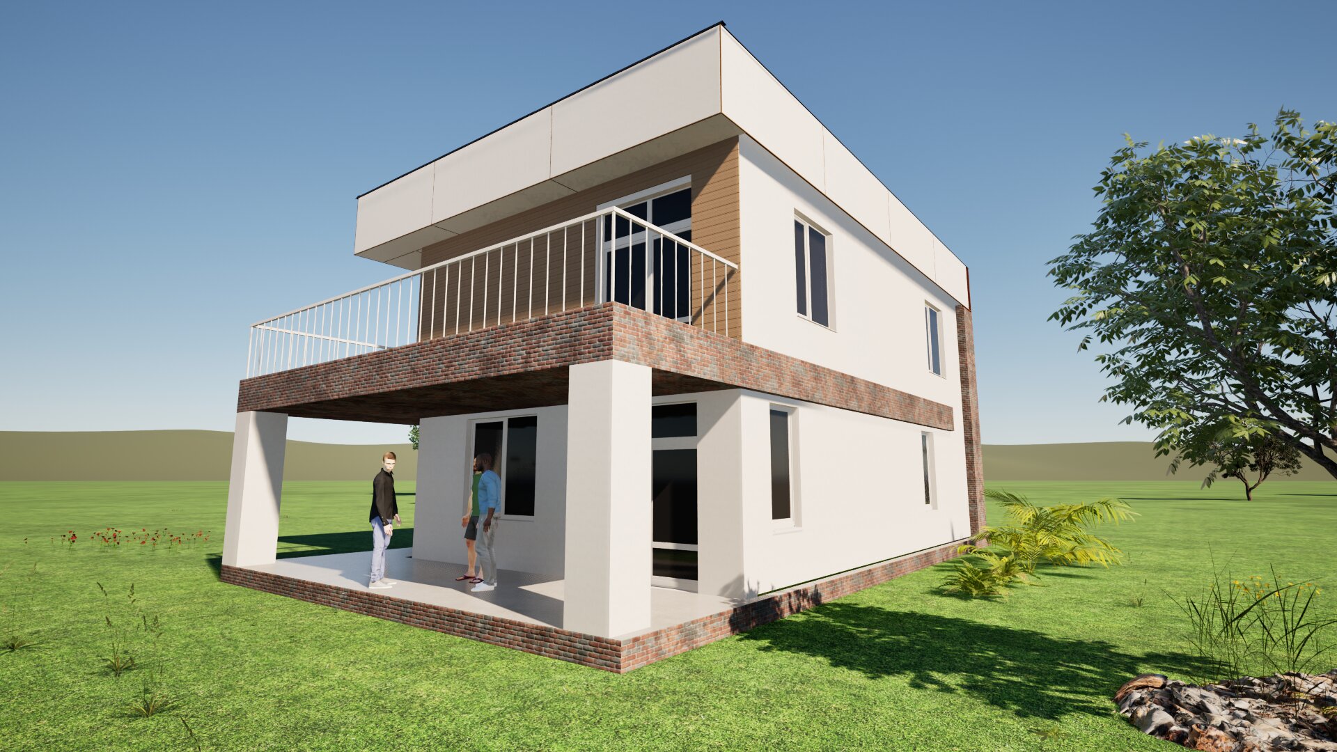 Residential home with flat roofs rendering