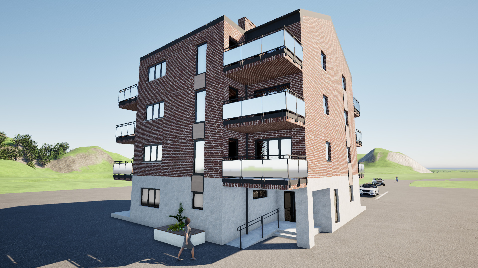 Modern apartment building exterior rendering